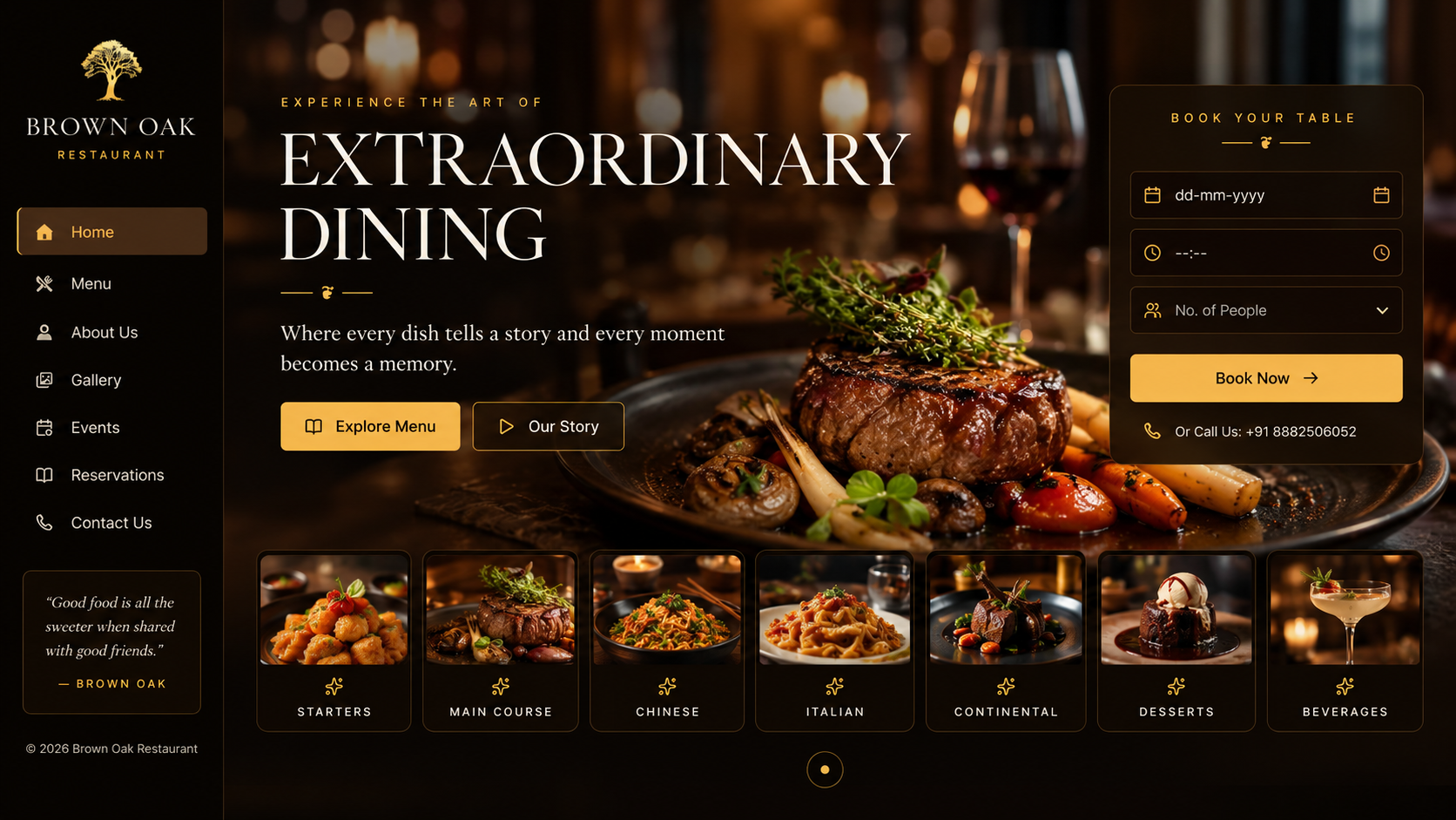 Demo mockup of Brown Oak Restaurant homepage