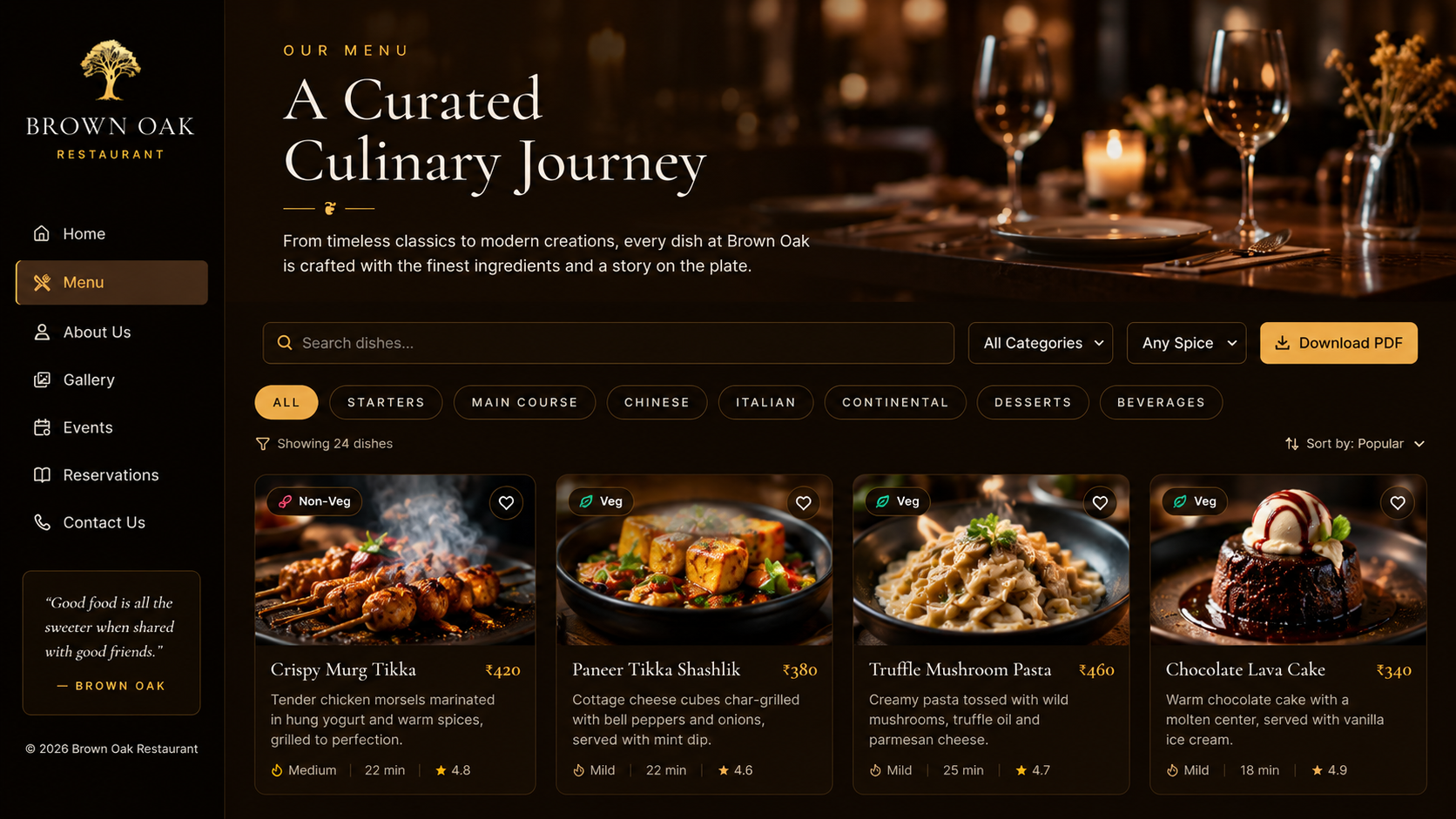 Demo mockup of Brown Oak Restaurant menu layout